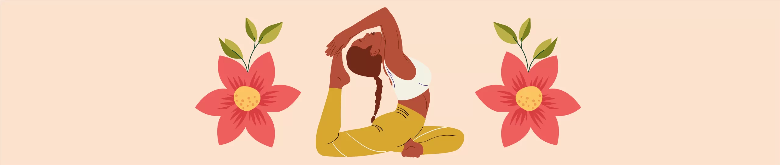 graphic of lady in yoga position with two flowers on either side.