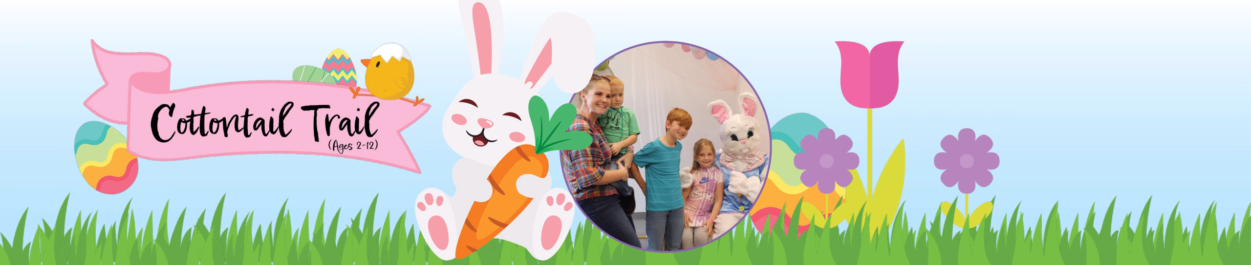 Graphic of bunny holding a carrot with photo of a family with the spring bunny