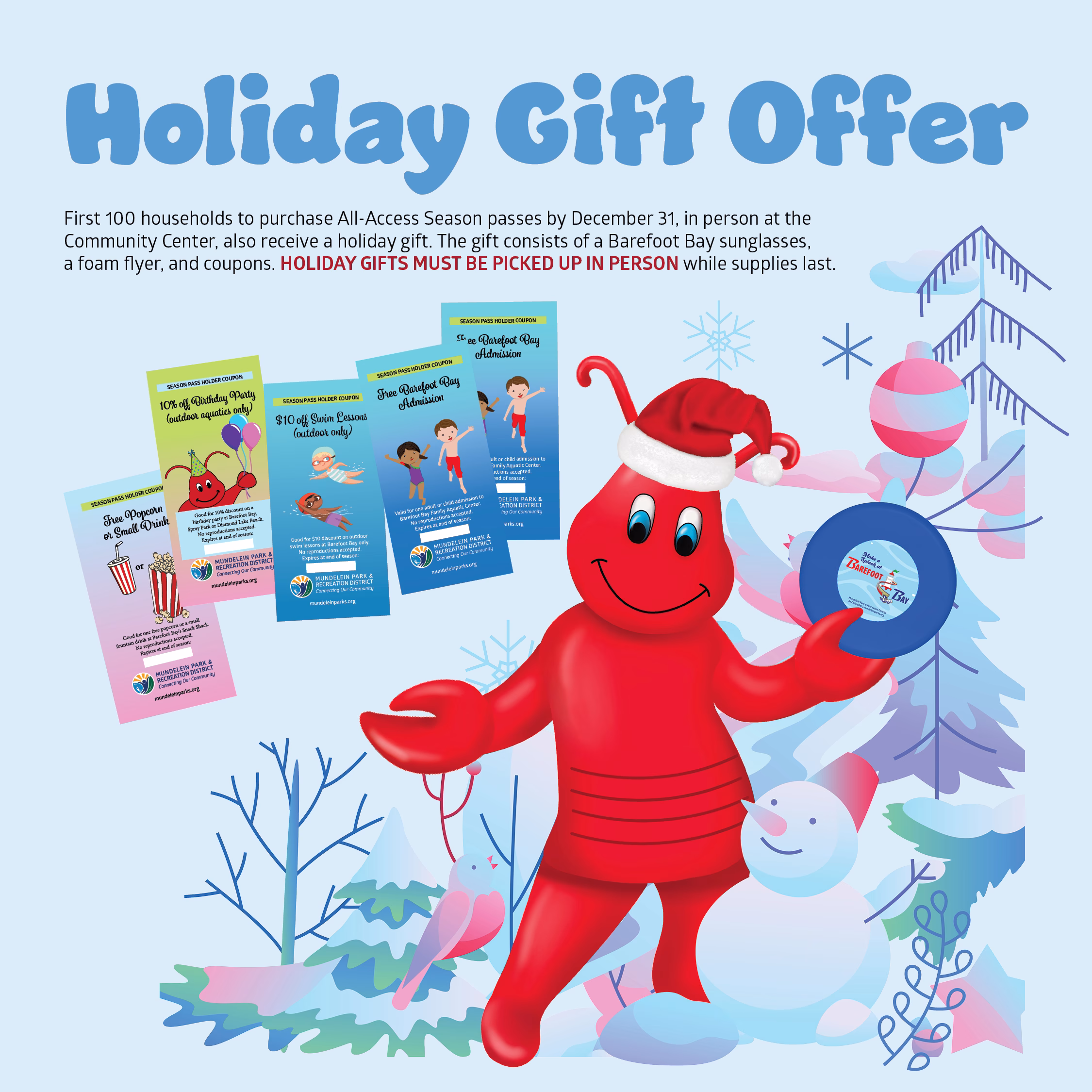 Holiday Gift offer graphic of Leroy the Lobster holding a foam frisbee 